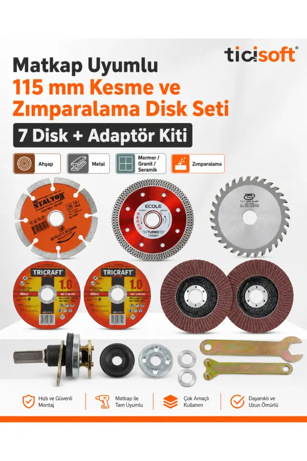 Matkap Uyumlu 115 mm Kesme ve Zımparalama Disk Seti 7 Disk + Daire Testere Adaptörü ve Montaj Aparatları
