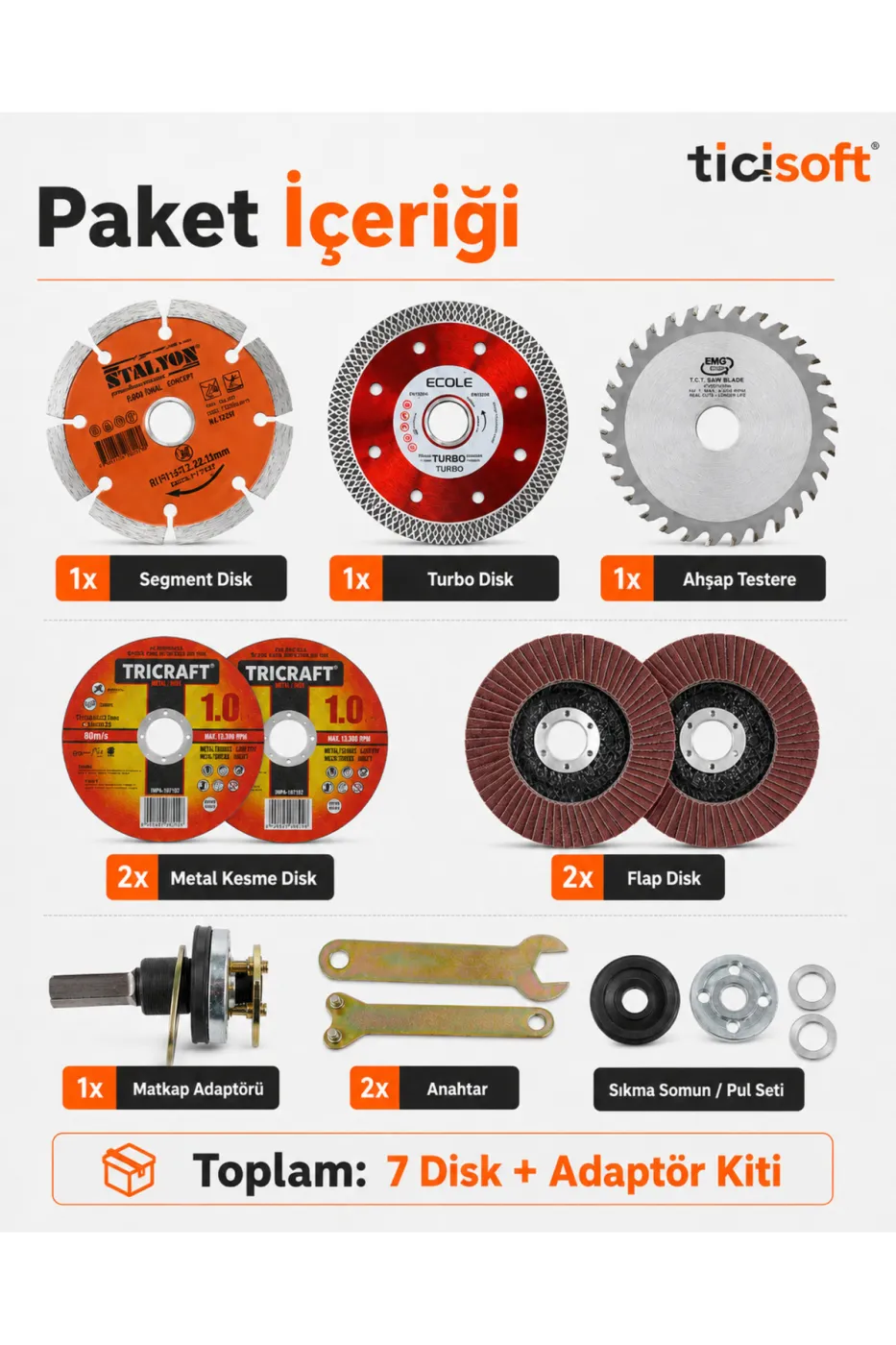 Matkap Uyumlu 115 mm Kesme ve Zımparalama Disk Seti 7 Disk + Daire Testere Adaptörü ve Montaj Aparatları