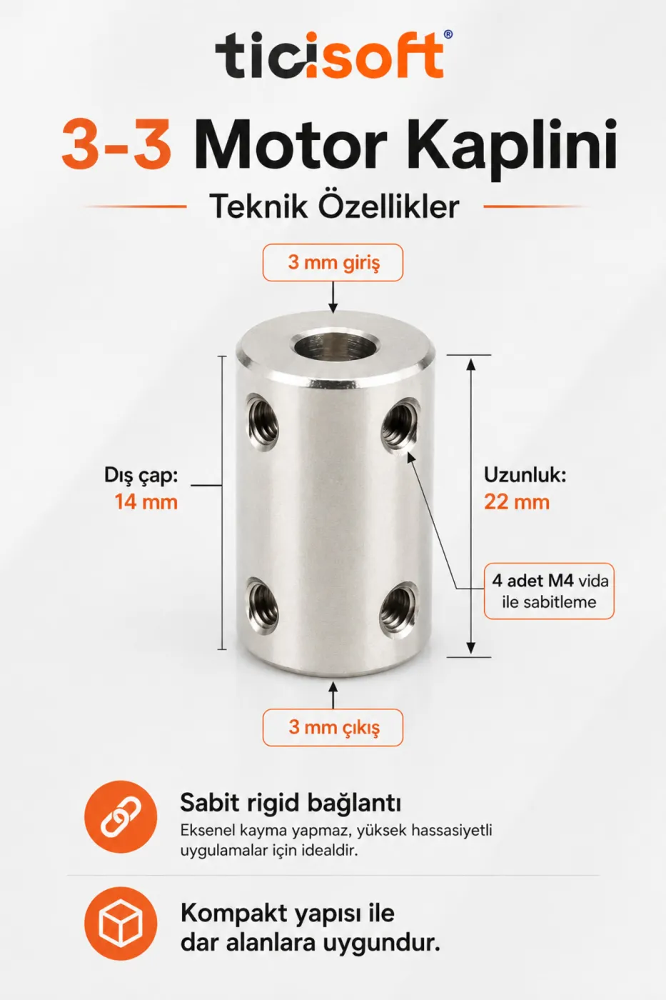 3-3 Motor Kaplini Sabit Şaft Bağlantı Kaplin Motor Pimi Çoğaltıcı 3mm Çelik 4 M4 Vidalı Alyanlı