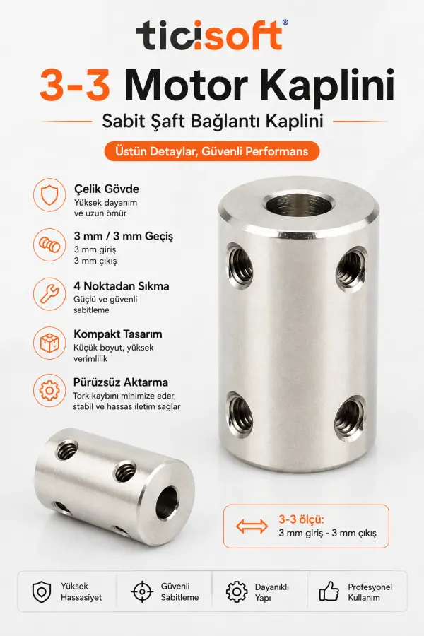 3-3 Motor Kaplini Sabit Şaft Bağlantı Kaplin Motor Pimi Çoğaltıcı 3mm Çelik 4 M4 Vidalı Alyanlı