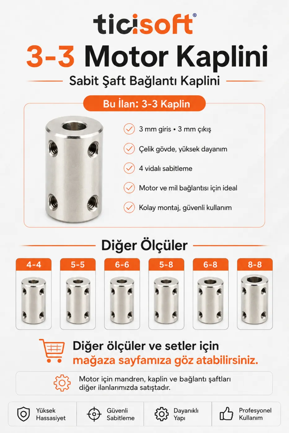 3-3 Motor Kaplini Sabit Şaft Bağlantı Kaplin Motor Pimi Çoğaltıcı 3mm Çelik 4 M4 Vidalı Alyanlı