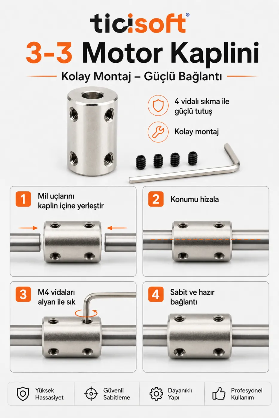 3-3 Motor Kaplini Sabit Şaft Bağlantı Kaplin Motor Pimi Çoğaltıcı 3mm Çelik 4 M4 Vidalı Alyanlı