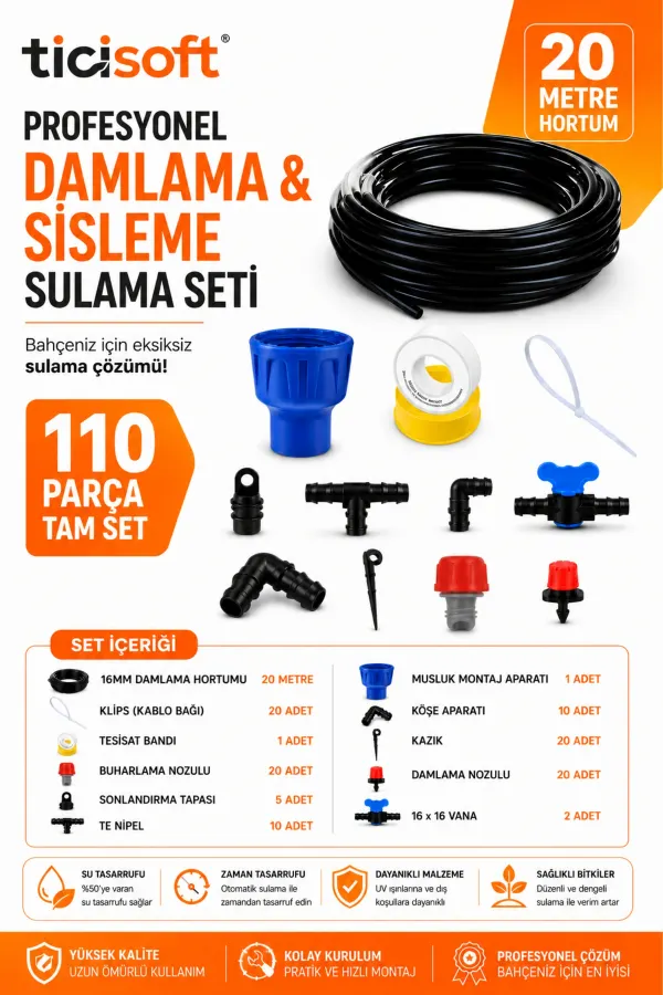 110 Parça Damlama Sulama Sisleme Seti Bahçe Sera Tarla Hobi Bahçesi Saksı Nemlendirme Misting Buharlama