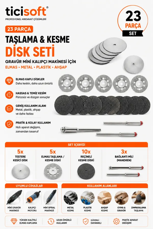 23 Parça Mini Kesme Taşlama Disk Seti Gravür Kalıpçı Makinesi Uyumlu Elmas Kesici Zımpara Seti
