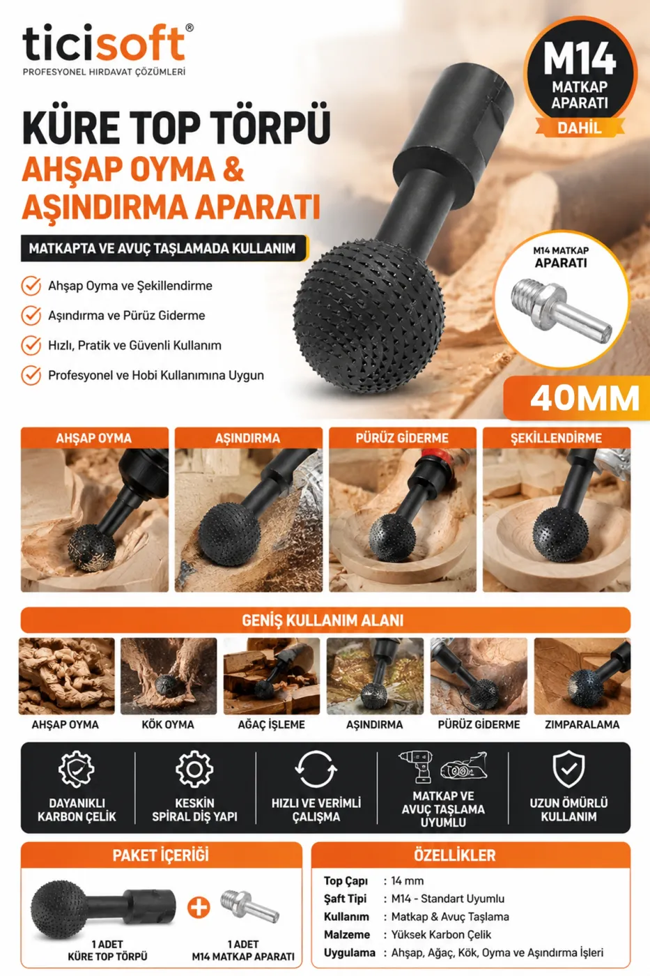 M14 Aparatlı Küre Top Törpü 40mm Ahşap Oyma Aşındırma Ucu Avuç Taşlama Matkap Uyumlu Karbon Çelik