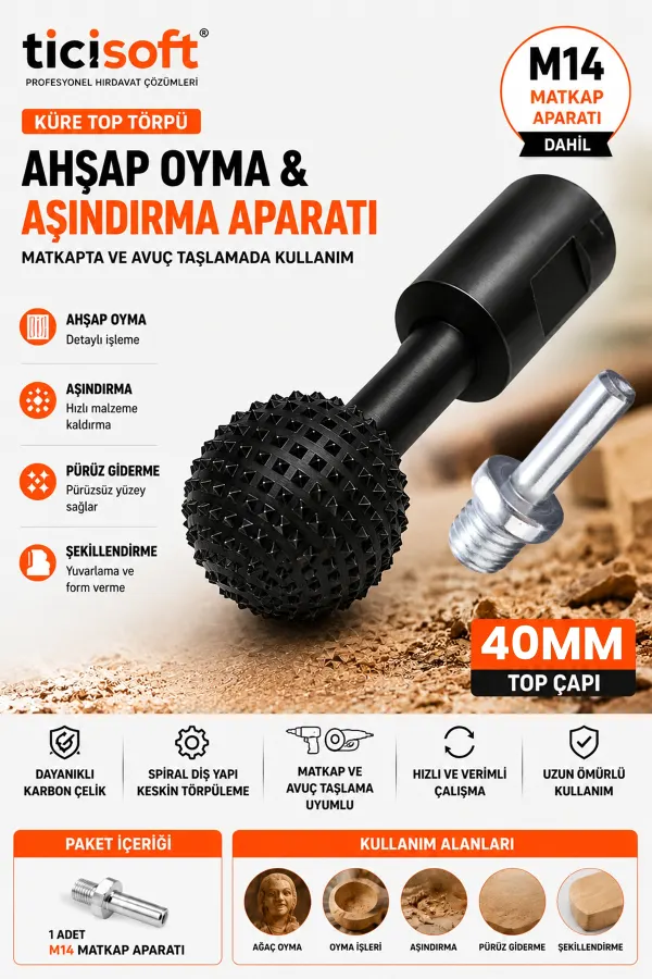 M14 Aparatlı Küre Top Törpü 40mm Ahşap Oyma Aşındırma Ucu Avuç Taşlama Matkap Uyumlu Karbon Çelik