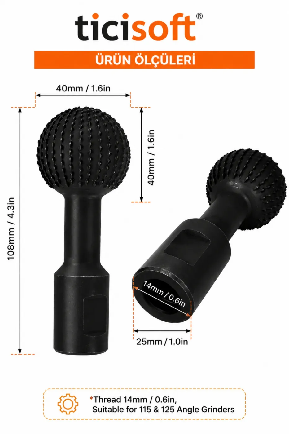 M14 Aparatlı Küre Top Törpü 40mm Ahşap Oyma Aşındırma Ucu Avuç Taşlama Matkap Uyumlu Karbon Çelik