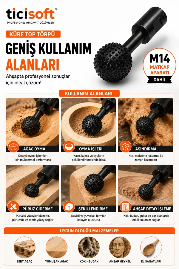 M14 Aparatlı Küre Top Törpü 40mm Ahşap Oyma Aşındırma Ucu Avuç Taşlama Matkap Uyumlu Karbon Çelik