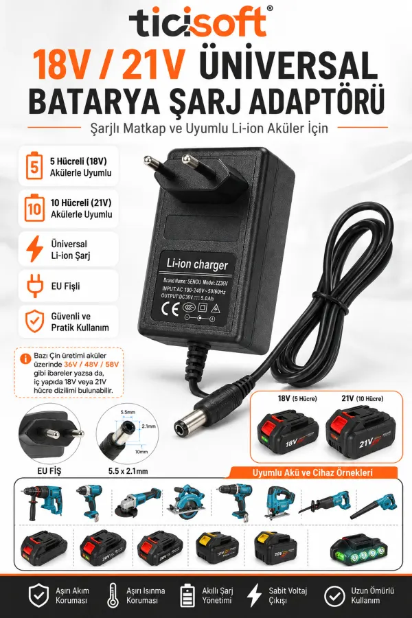 18V 21V Li-ion Batarya Şarj Adaptörü Üniversal Şarj Cihazı Şarjlı Matkap Aküsü İçin 5 Hücre 10 Hücre Uyumlu