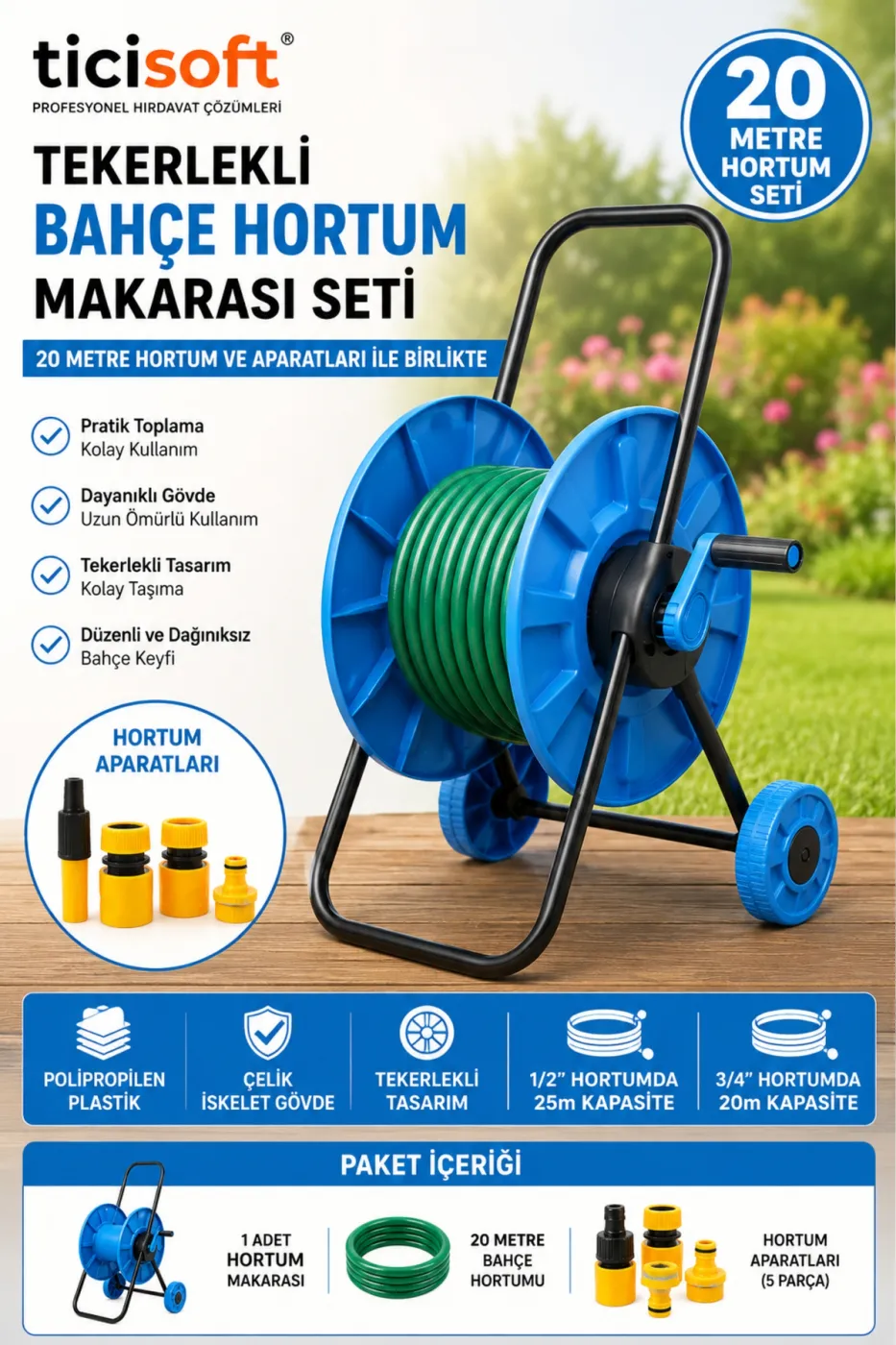 Tekerlekli Bahçe Hortum Makarası Seti 20 Metre Hortumlu Hortum Toplama Arabası Aparatlı