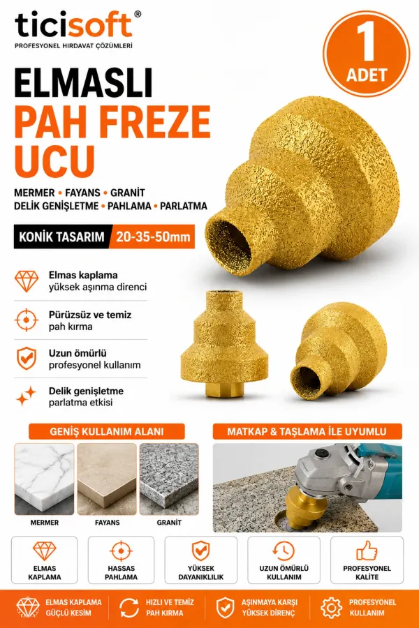 Mermer Fayans Granit Delik Genişletme Pahlama Parlatma Konik Elmaslı Pah Freze Ucu 20 mm - 35 mm - 50 mm