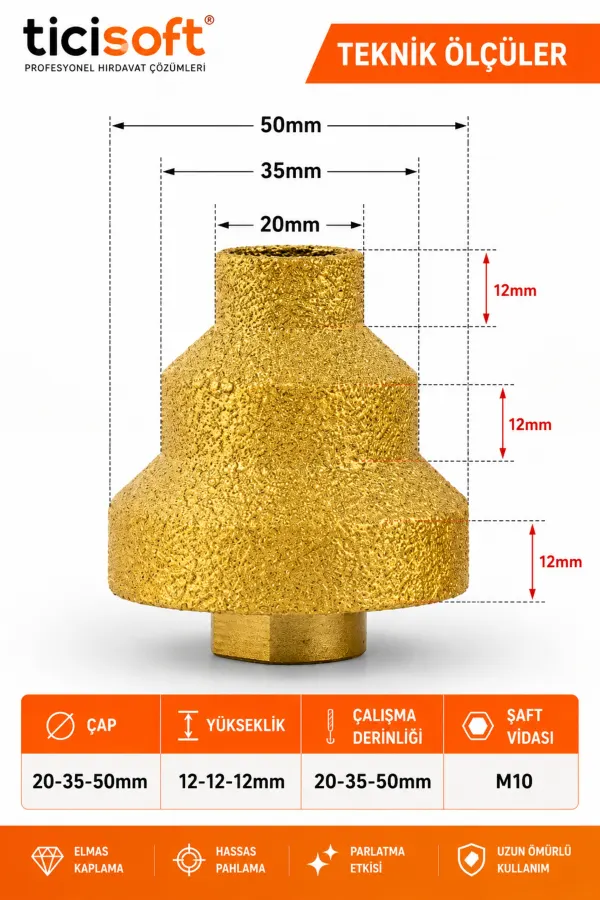 Mermer Fayans Granit Delik Genişletme Pahlama Parlatma Konik Elmaslı Pah Freze Ucu 20 mm - 35 mm - 50 mm