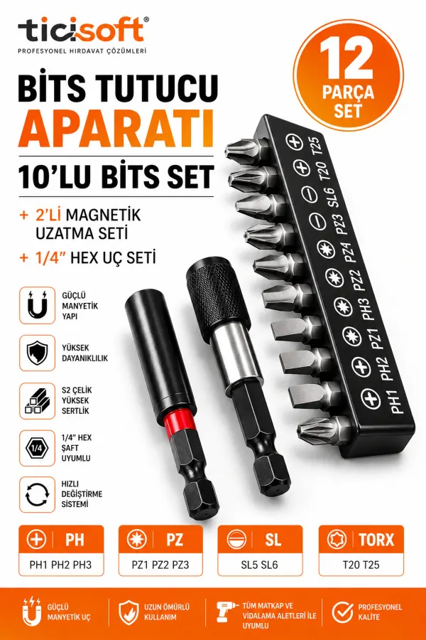 12 Parça Bits Tutucu Aparatı Hızlı Değiştirme Aparatı Manyetik Uzatma 1/4 Hex Uç Seti