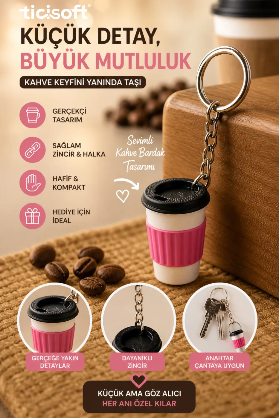 Kişiye Özel İsimli Kahve Bardağı Pembe Anahtarlık | Kişiselleştirilebilir Kalemlik Çanta Süsü Hediyelik | 2li Set