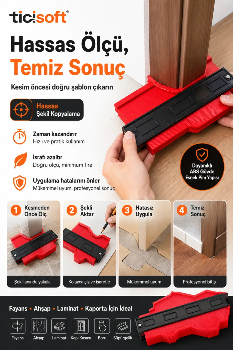 Şablon Tarağı Kontur Ölçer 250 mm Şekil Kopyalama Mastarı Fayans Laminat Ahşap Kesim Ölçü Aparatı