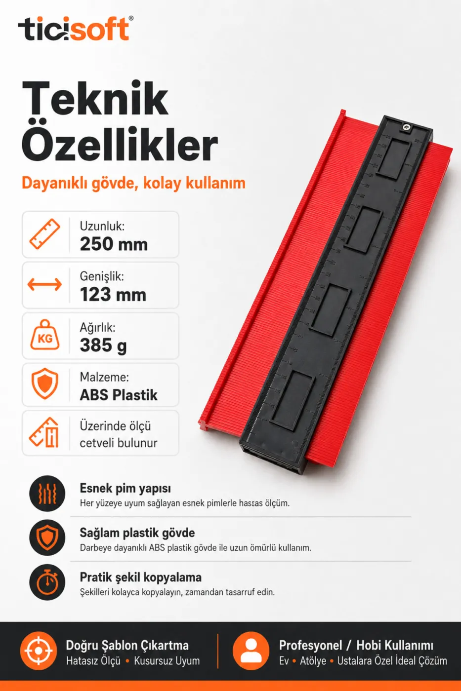 Şablon Tarağı Kontur Ölçer 250 mm Şekil Kopyalama Mastarı Fayans Laminat Ahşap Kesim Ölçü Aparatı