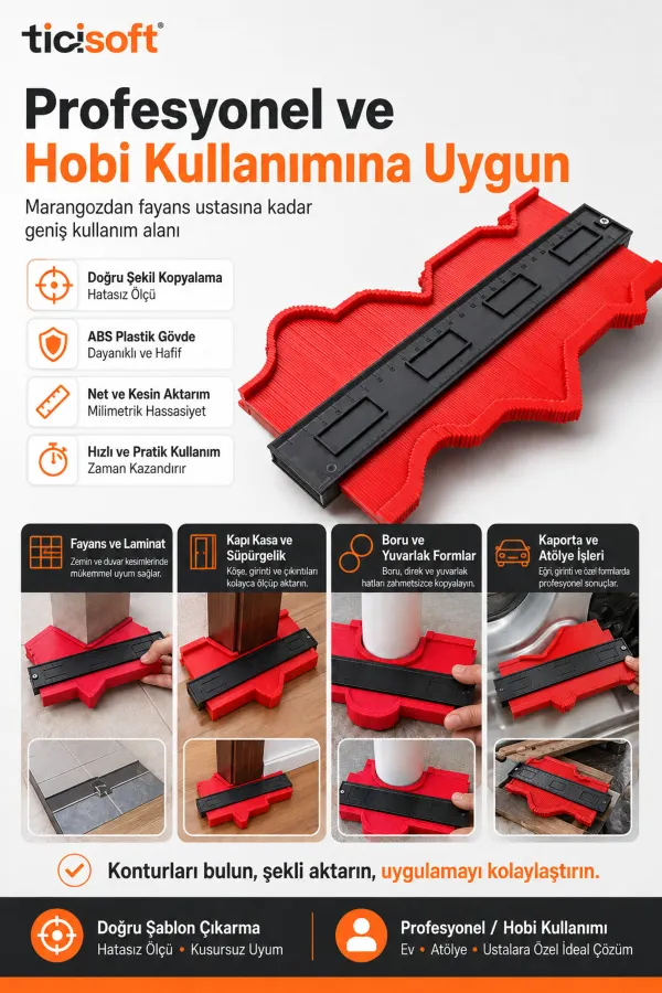 Şablon Tarağı Kontur Ölçer 250 mm Şekil Kopyalama Mastarı Fayans Laminat Ahşap Kesim Ölçü Aparatı