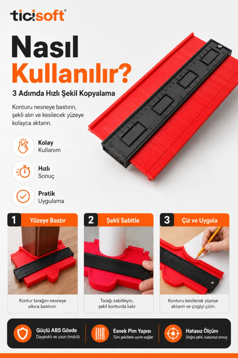 Şablon Tarağı Kontur Ölçer 250 mm Şekil Kopyalama Mastarı Fayans Laminat Ahşap Kesim Ölçü Aparatı