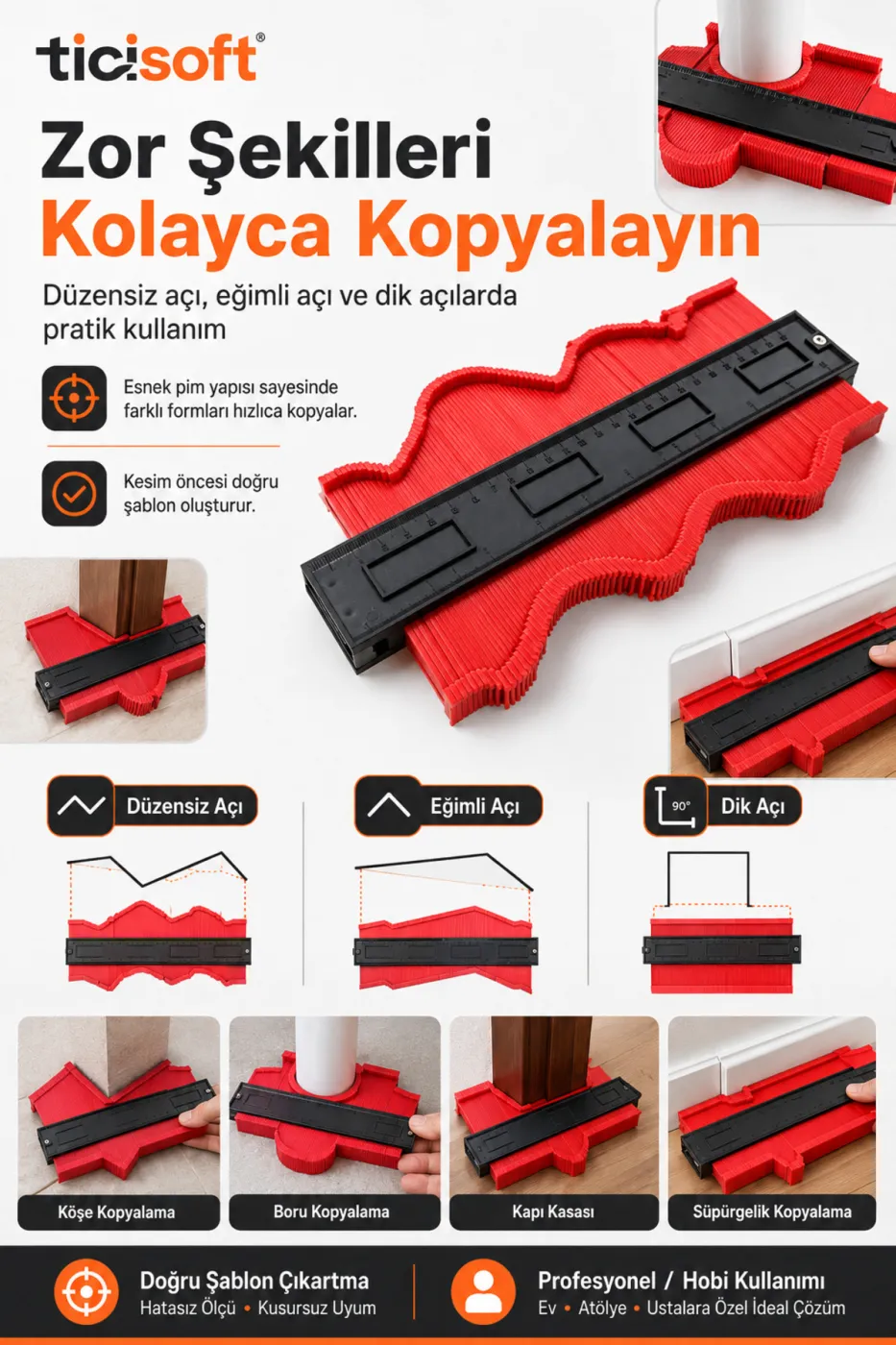 Şablon Tarağı Kontur Ölçer 250 mm Şekil Kopyalama Mastarı Fayans Laminat Ahşap Kesim Ölçü Aparatı