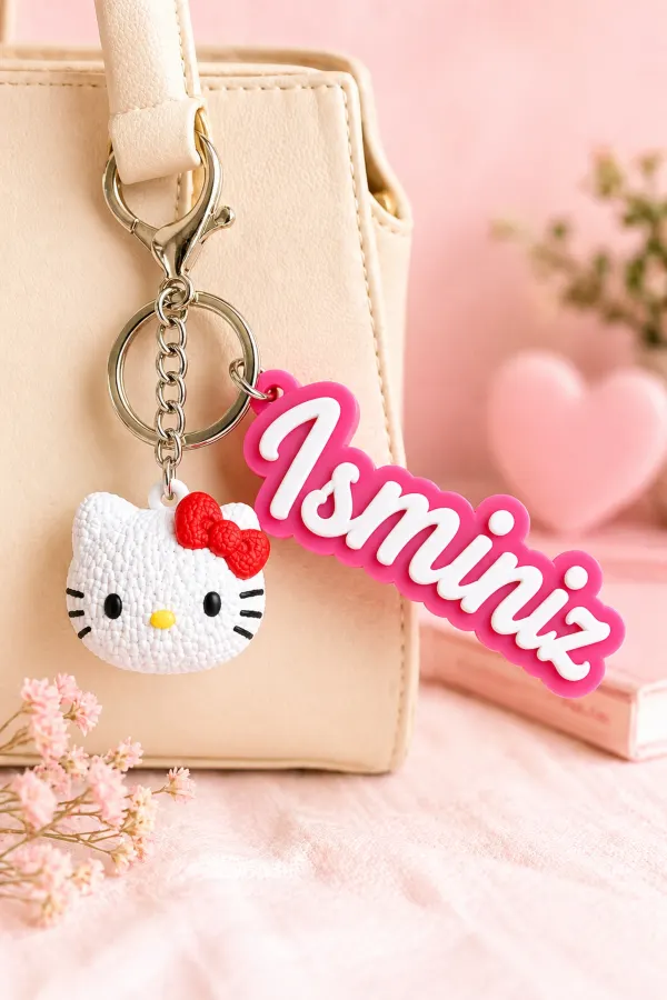 Kişiye Özel İsimli Hello Kitty Pembe Anahtarlık | Kişiselleştirilebilir Kalemlik Çanta Süsü Hediyelik | 2li Set