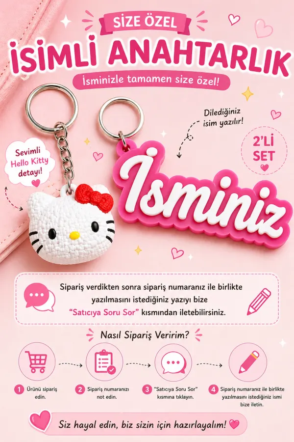 Kişiye Özel İsimli Hello Kitty Pembe Anahtarlık | Kişiselleştirilebilir Kalemlik Çanta Süsü Hediyelik | 2li Set