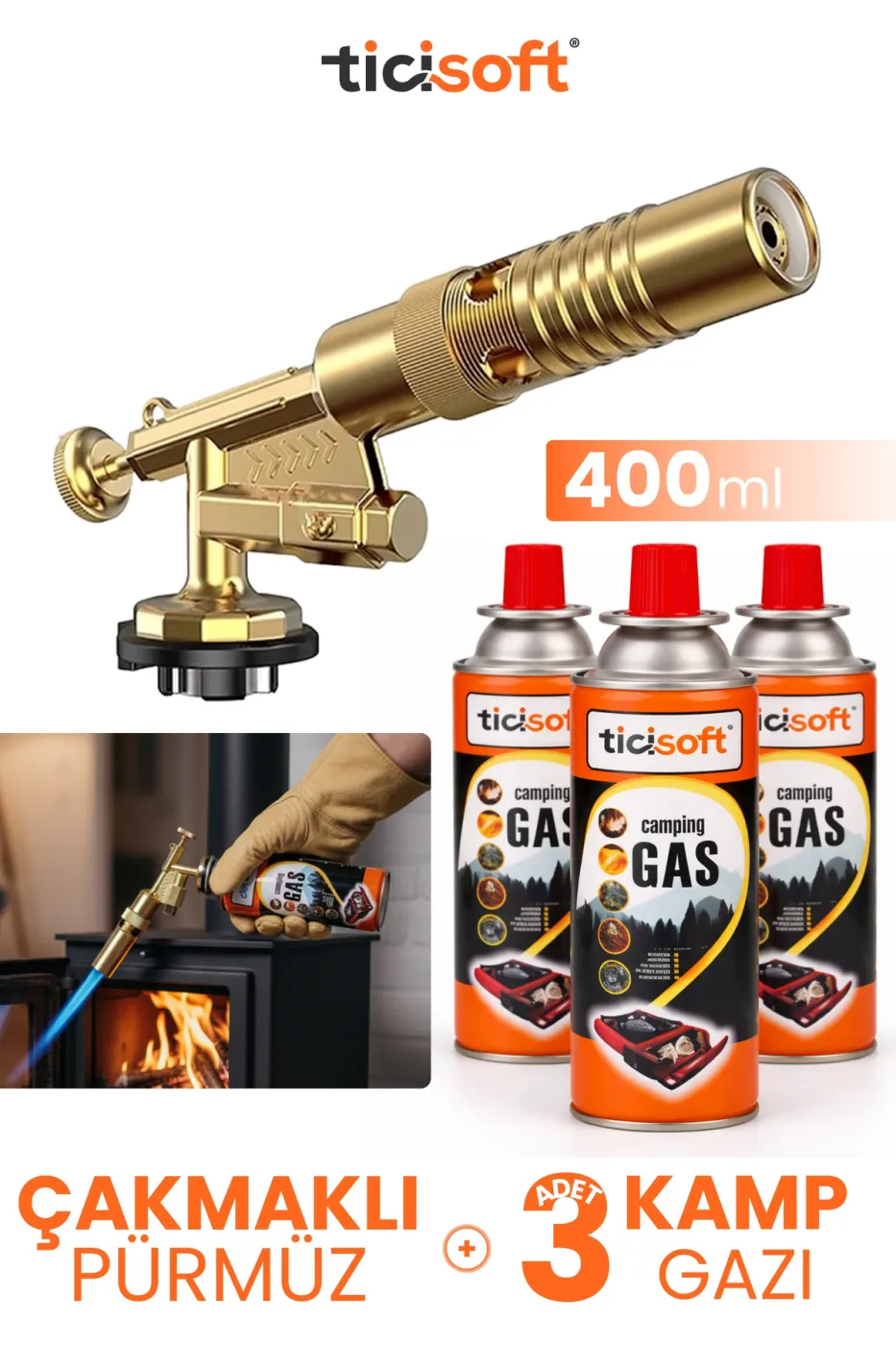 Çakmaklı Pürmüz 1300° Gazlı Torch Jet Metal Alev Tabancası 400ml Kamp Gazı Soba Yakma Tutuşturma