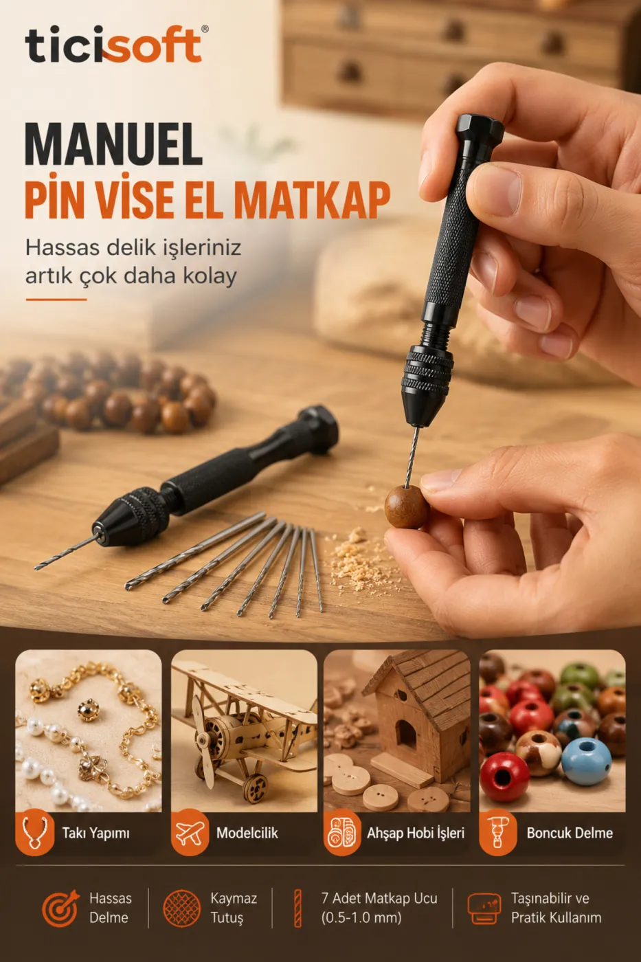 7 Parça Hassas El Matkabı Seti Ayarlanabilir Mandrenli Pin Vise ve 6 Mikro Matkap Ucu