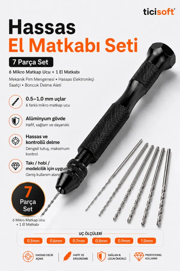 7 Parça Hassas El Matkabı Seti Ayarlanabilir Mandrenli Pin Vise ve 6 Mikro Matkap Ucu