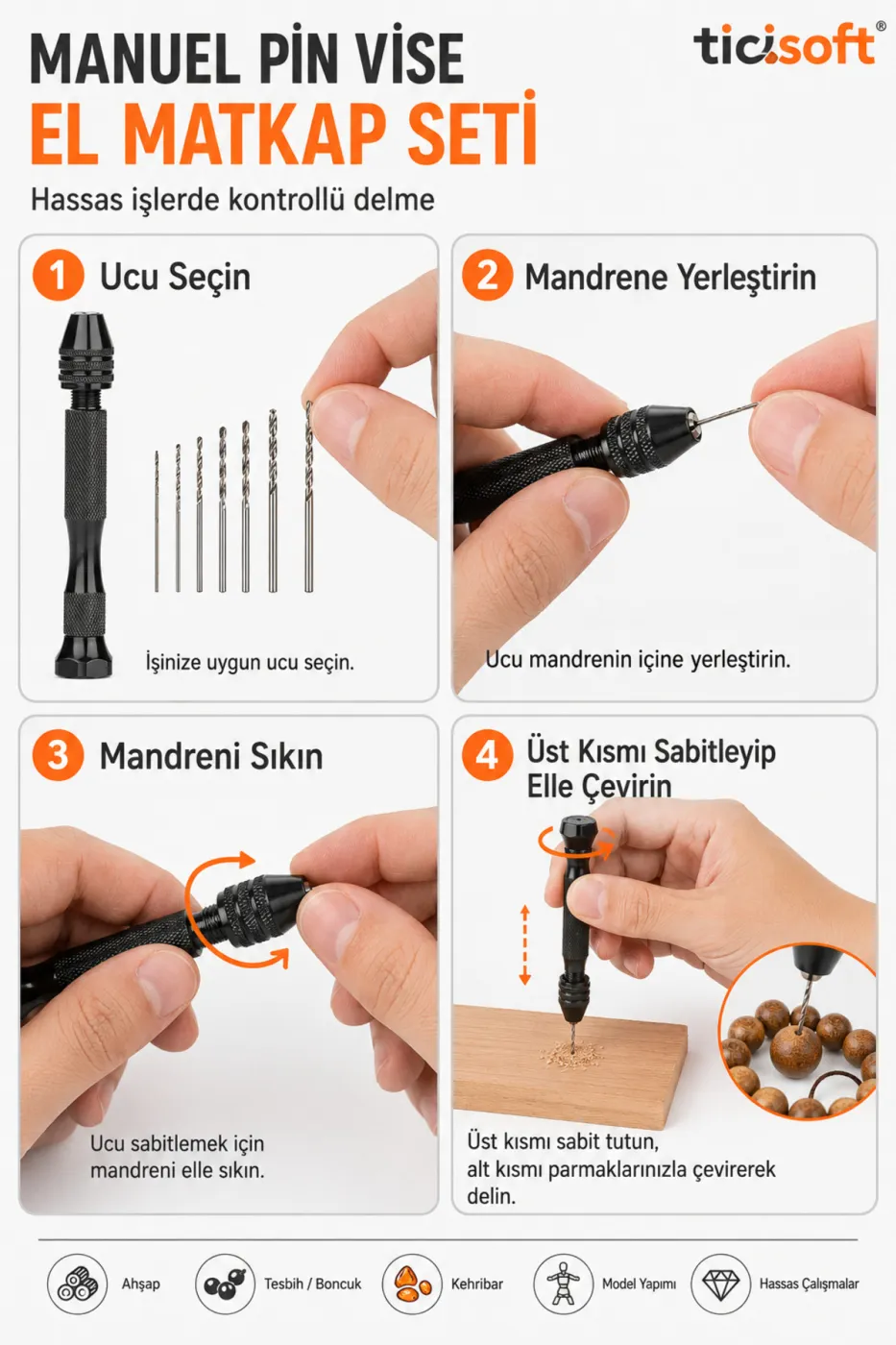 7 Parça Hassas El Matkabı Seti Ayarlanabilir Mandrenli Pin Vise ve 6 Mikro Matkap Ucu
