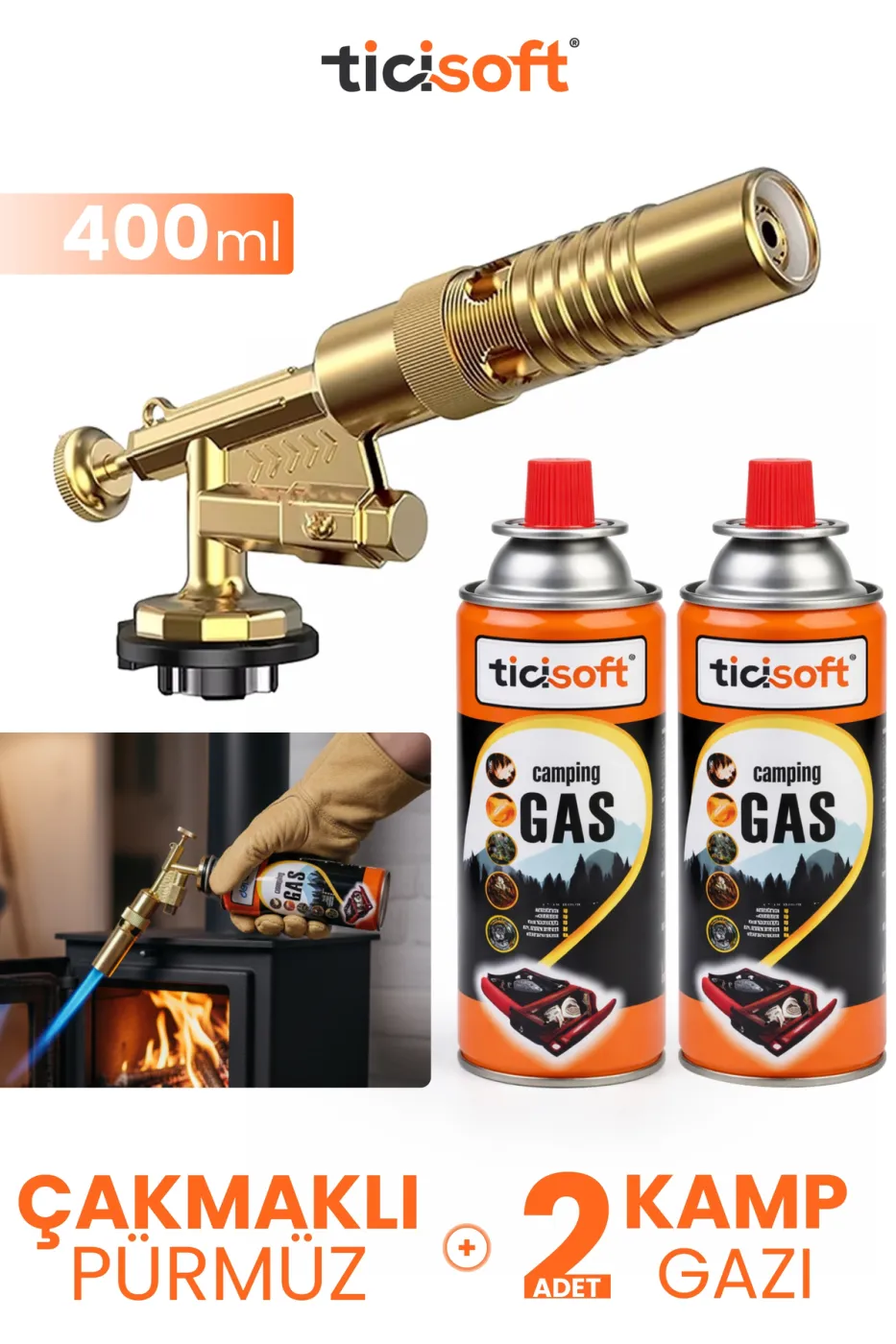 Çakmaklı Pürmüz 1300° Gazlı Torch Jet Metal Alev Tabancası 400ml Kamp Gazı Soba Yakma Tutuşturma