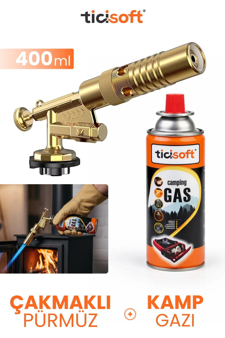 Çakmaklı Pürmüz 1300° Gazlı Torch Jet Metal Alev Tabancası 400ml Kamp Gazı Soba Yakma Tutuşturma