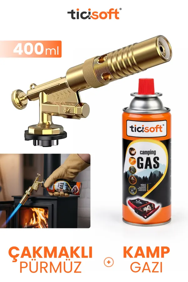 Çakmaklı Pürmüz 1300° Gazlı Torch Jet Metal Alev Tabancası 400ml Kamp Gazı Soba Yakma Tutuşturma