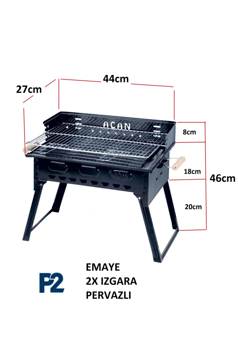 Pervazlı Emaye Mangal P2 Büyük Boy Kömürlü Barbekü Çift Izgara Katlanır Ayaklı 27x44cm