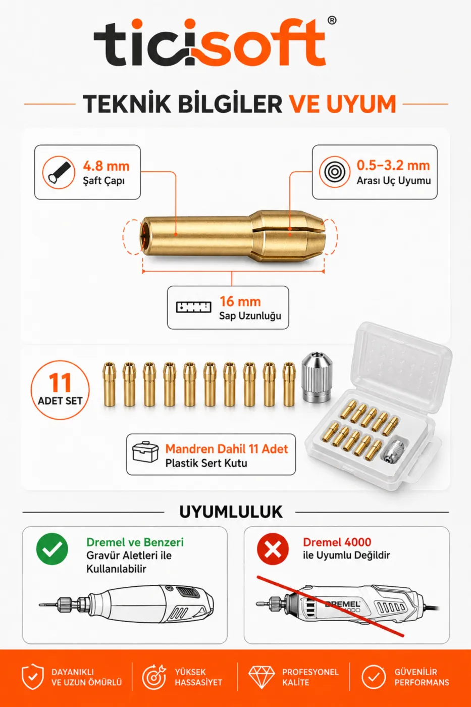 Gravür Aletleri İçin Pirinç Pens Seti Penset Kiti 0,5–3,2 mm 11 Parça Mandren Dahil 4,8 mm Şaft