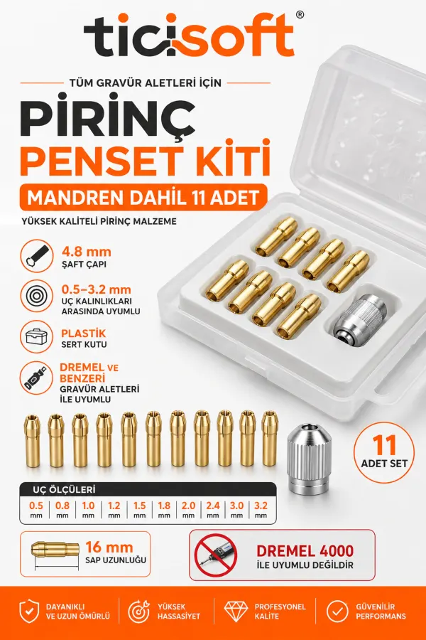 Gravür Aletleri İçin Pirinç Pens Seti Penset Kiti 0,5–3,2 mm 11 Parça Mandren Dahil 4,8 mm Şaft