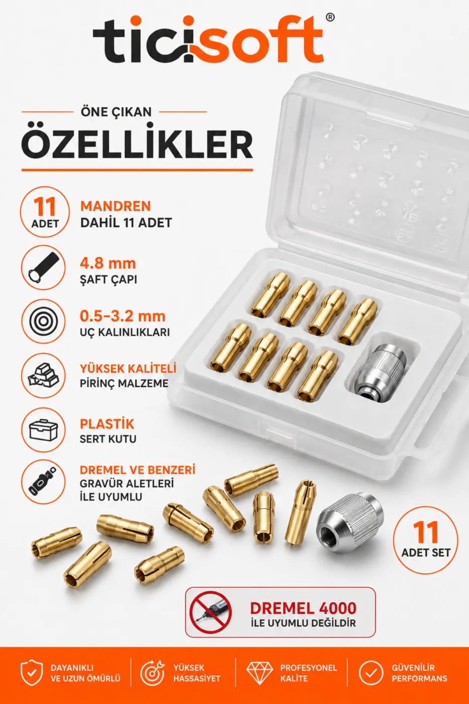 Gravür Aletleri İçin Pirinç Pens Seti Penset Kiti 0,5–3,2 mm 11 Parça Mandren Dahil 4,8 mm Şaft