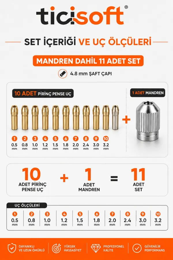 Gravür Aletleri İçin Pirinç Pens Seti Penset Kiti 0,5–3,2 mm 11 Parça Mandren Dahil 4,8 mm Şaft