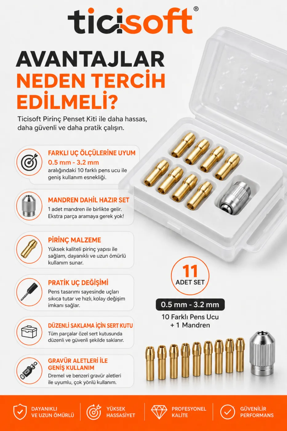 Gravür Aletleri İçin Pirinç Pens Seti Penset Kiti 0,5–3,2 mm 11 Parça Mandren Dahil 4,8 mm Şaft