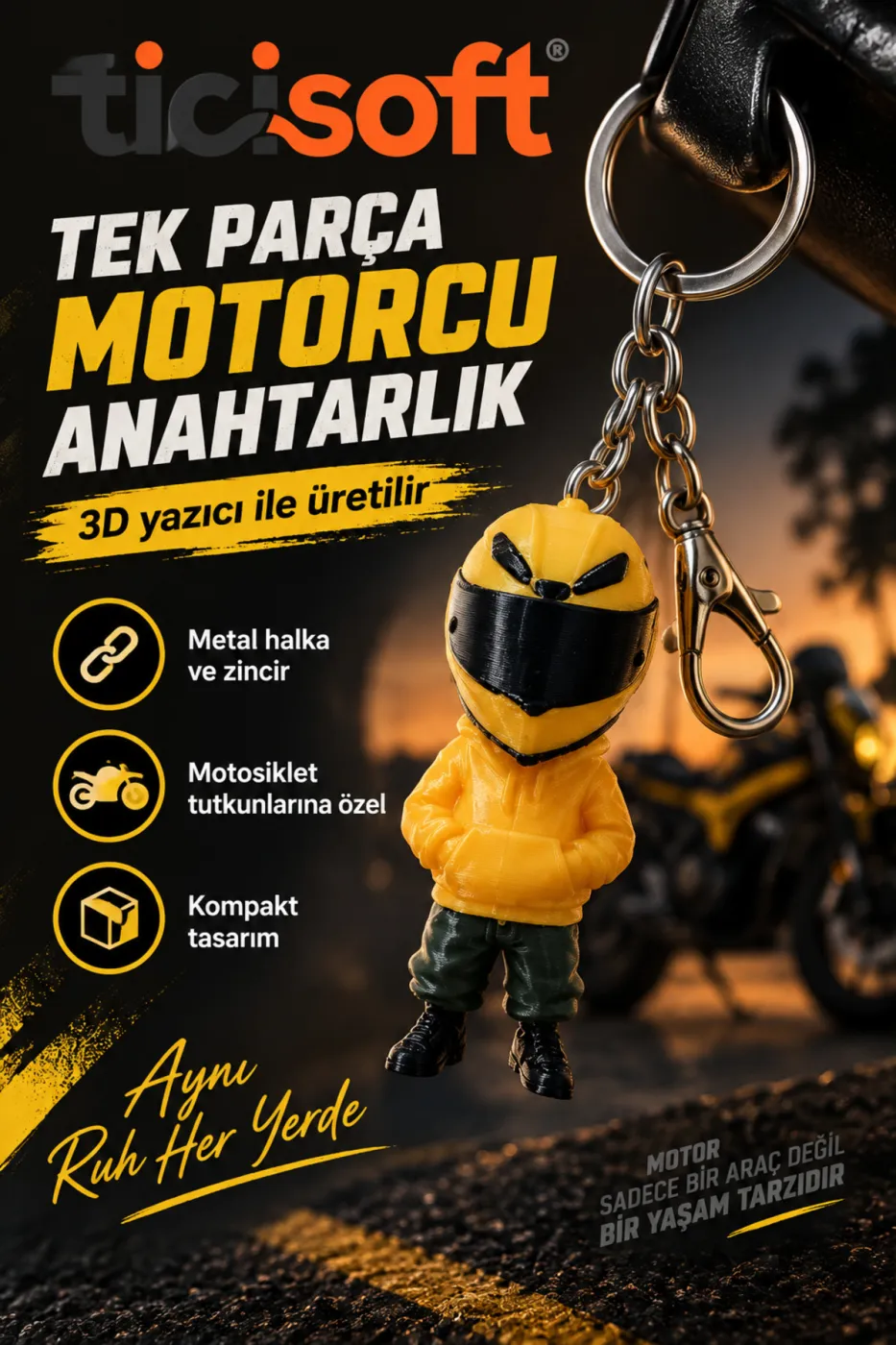 3D Baskı Motorcu Anahtarlık Tek Parça Motosiklet Sürücü Figürlü Metal Halkalı Anahtarlık
