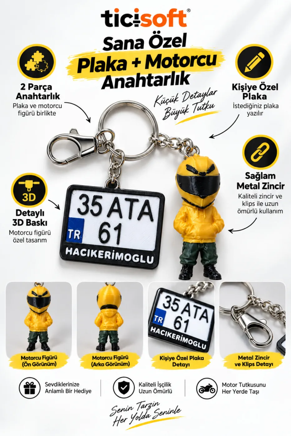 Kişiye Özel Plaka ve Motorcu Anahtarlık 2 Parça 3D Baskı Motosiklet Sürücü Figürlü İsimli Plaka Anahtarlığı