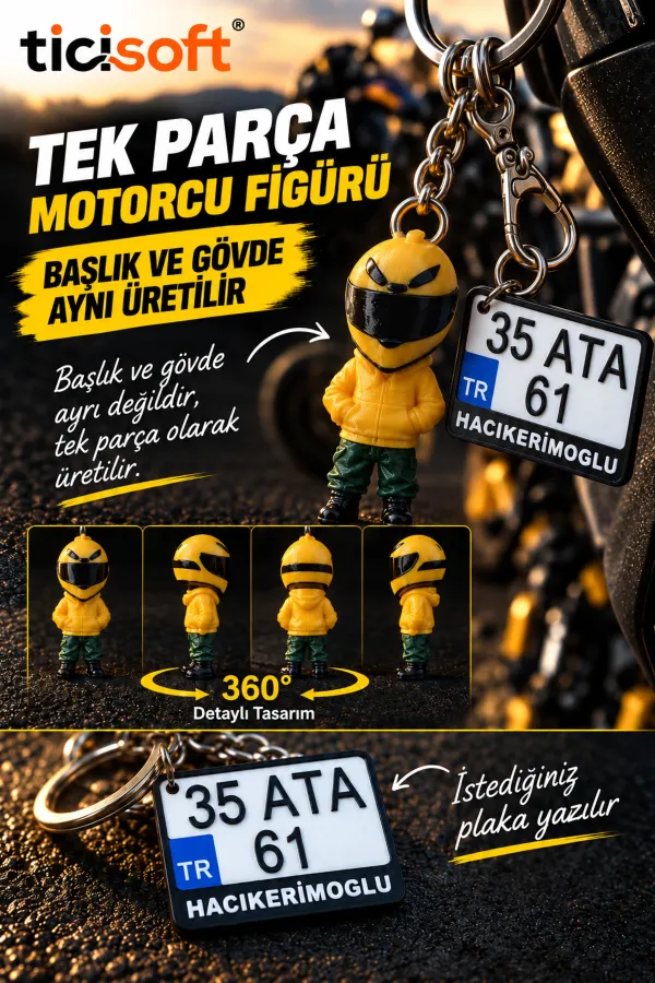 Kişiye Özel Plaka ve Motorcu Anahtarlık 2 Parça 3D Baskı Motosiklet Sürücü Figürlü İsimli Plaka Anahtarlığı