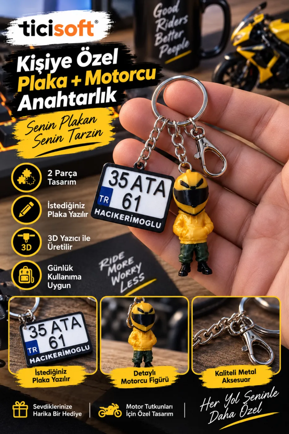 Kişiye Özel Plaka ve Motorcu Anahtarlık 2 Parça 3D Baskı Motosiklet Sürücü Figürlü İsimli Plaka Anahtarlığı
