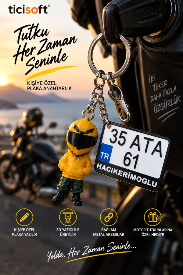 Kişiye Özel Plaka ve Motorcu Anahtarlık 2 Parça 3D Baskı Motosiklet Sürücü Figürlü İsimli Plaka Anahtarlığı