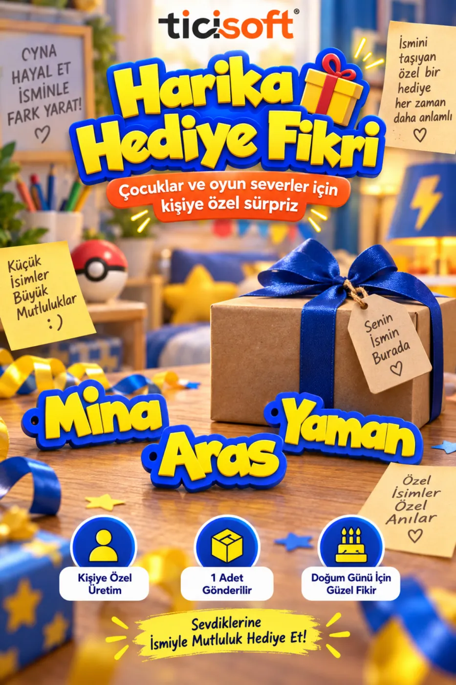 Kişiye Özel İsimli Pokemon Anahtarlık Sarı Mavi Oyun Temalı Çanta ve Anahtar Aksesuarı