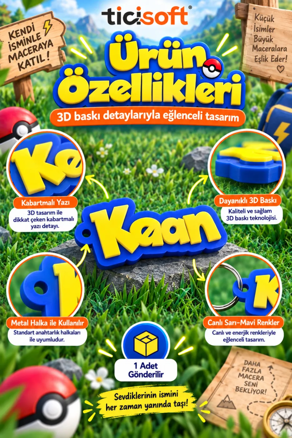 Kişiye Özel İsimli Pokemon Anahtarlık Sarı Mavi Oyun Temalı Çanta ve Anahtar Aksesuarı