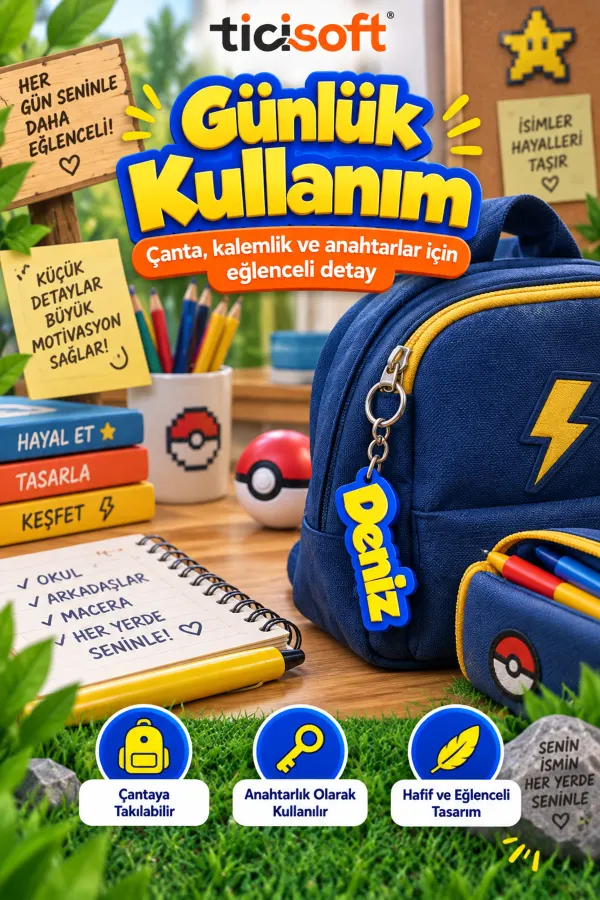 Kişiye Özel İsimli Pokemon Anahtarlık Sarı Mavi Oyun Temalı Çanta ve Anahtar Aksesuarı