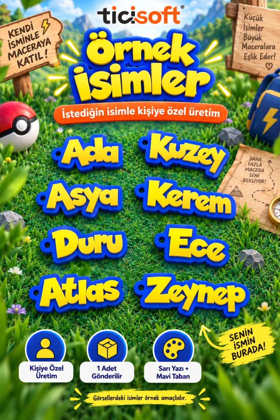 Kişiye Özel İsimli Pokemon Anahtarlık Sarı Mavi Oyun Temalı Çanta ve Anahtar Aksesuarı