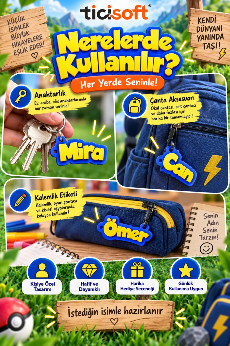 Kişiye Özel İsimli Pokemon Anahtarlık Sarı Mavi Oyun Temalı Çanta ve Anahtar Aksesuarı