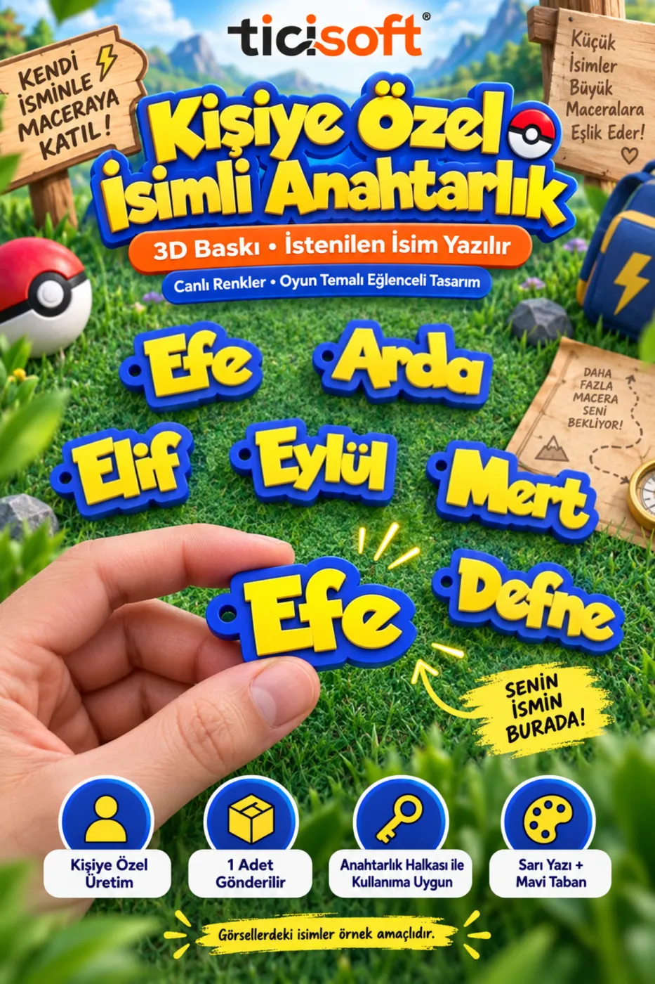 Kişiye Özel İsimli Pokemon Anahtarlık Sarı Mavi Oyun Temalı Çanta ve Anahtar Aksesuarı