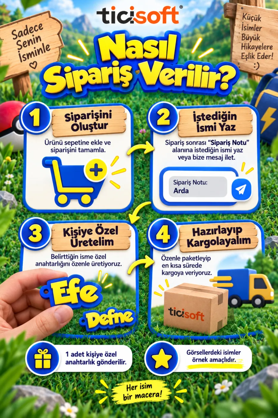 Kişiye Özel İsimli Pokemon Anahtarlık Sarı Mavi Oyun Temalı Çanta ve Anahtar Aksesuarı